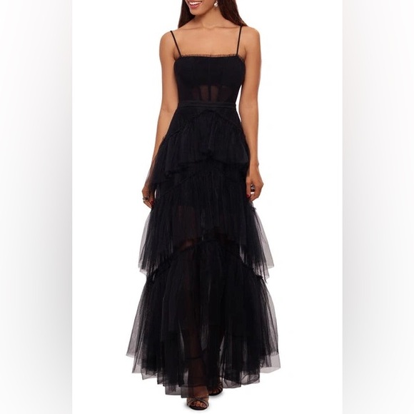 New Betsy & Adam Jasmine Tiered Tulle Corset Gown Black - Picture 2 of 7